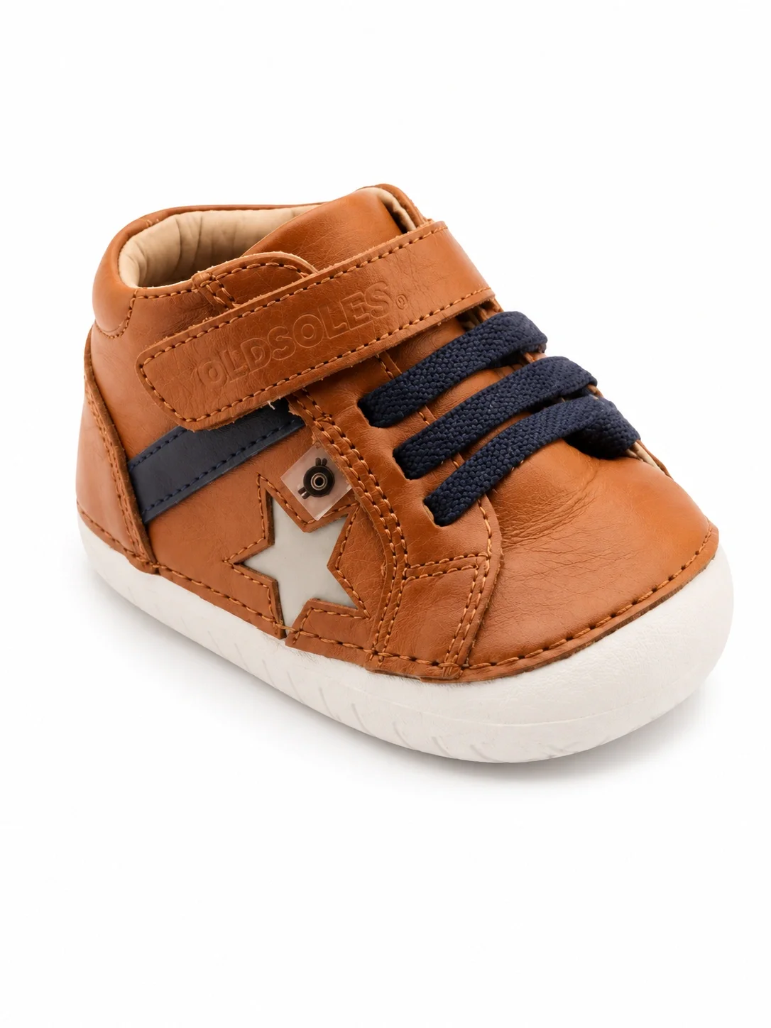 Old Soles Rad Pave toddler shoe features tan leather with a white star accent.webp
