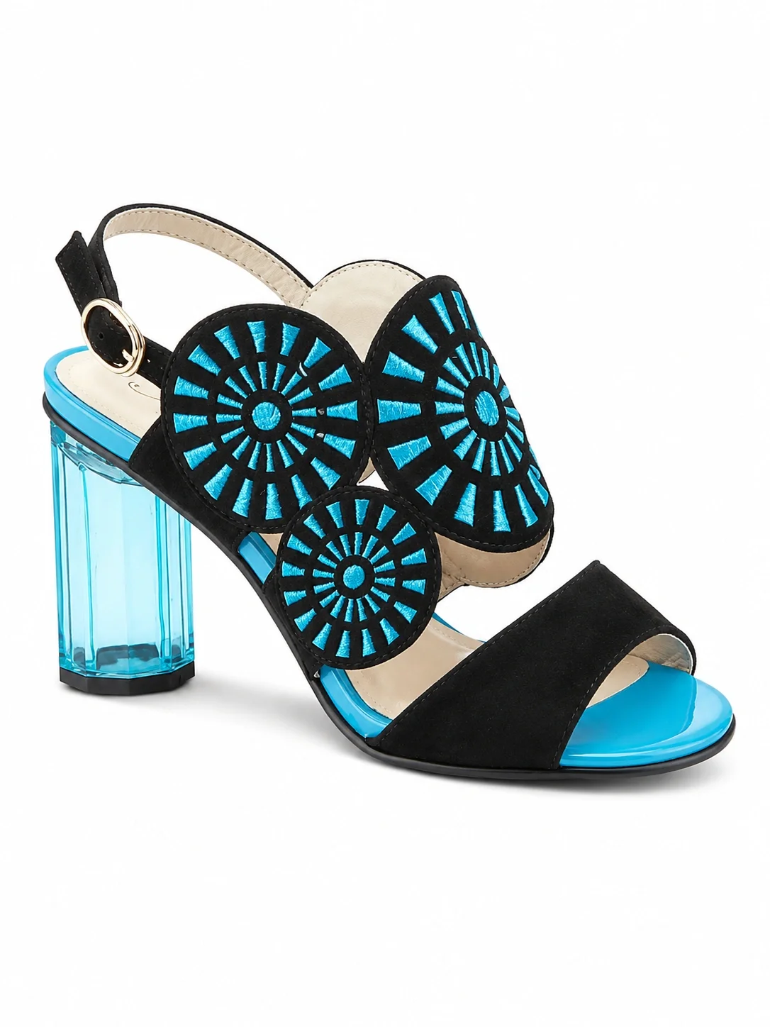 Azura by Spring Step sandals feature a unique clear cylindrical heel and vibrant blue circular embroidery.