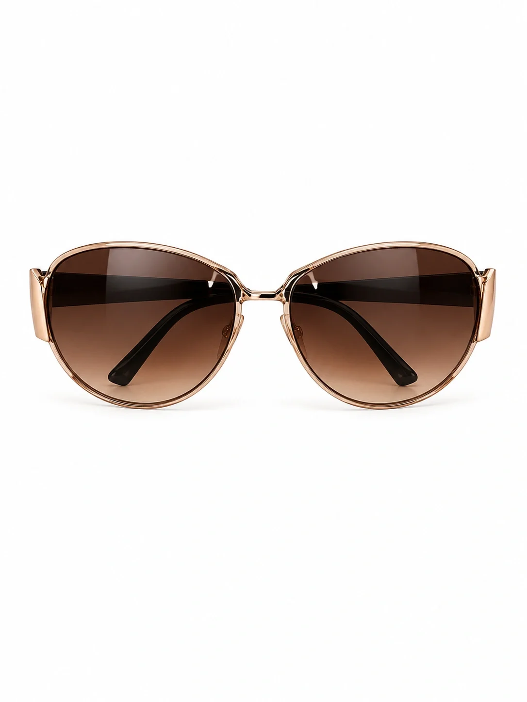 Sunglasses feature a gold-tone metal frame and brown gradient lenses