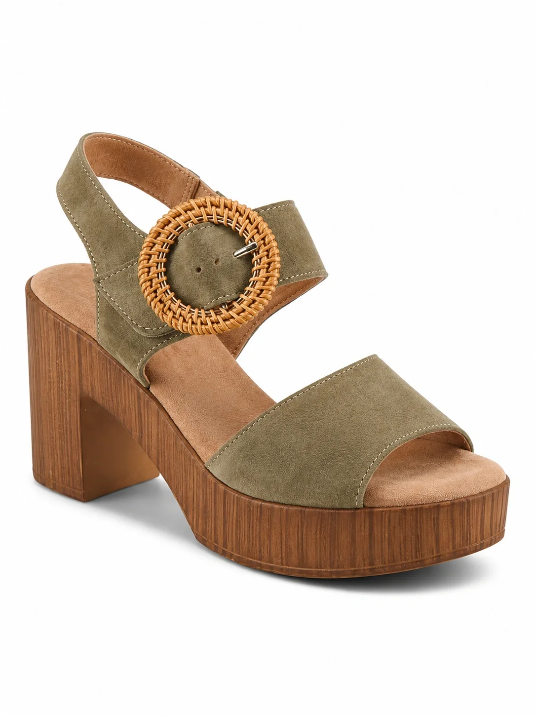 Gamona women's platform sandals, featuring a distinctive olive suede upper and a chunky cork heel