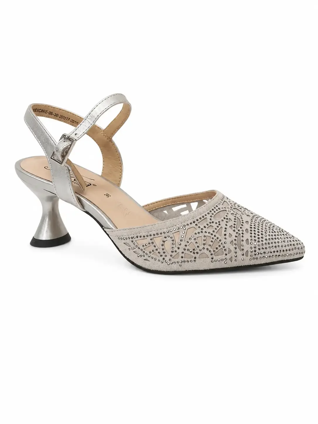 Azura Delicate Sandals in silver, featuring a unique sculpted kitten heel and a rhinestone-studded pointed toe