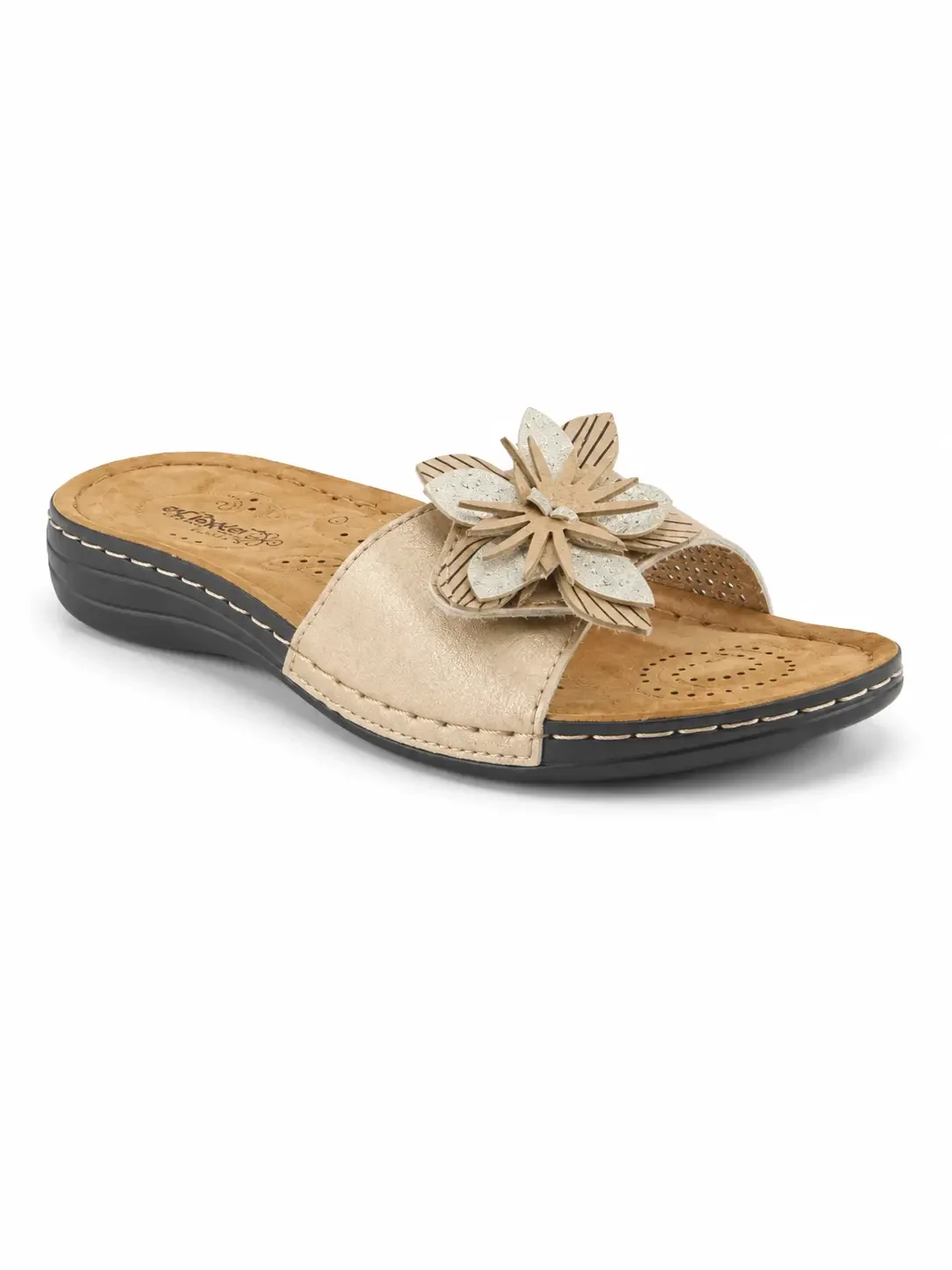 Flexus Flowerstars slip-on sandals featuring a distinct layered floral embellishment on the strap
