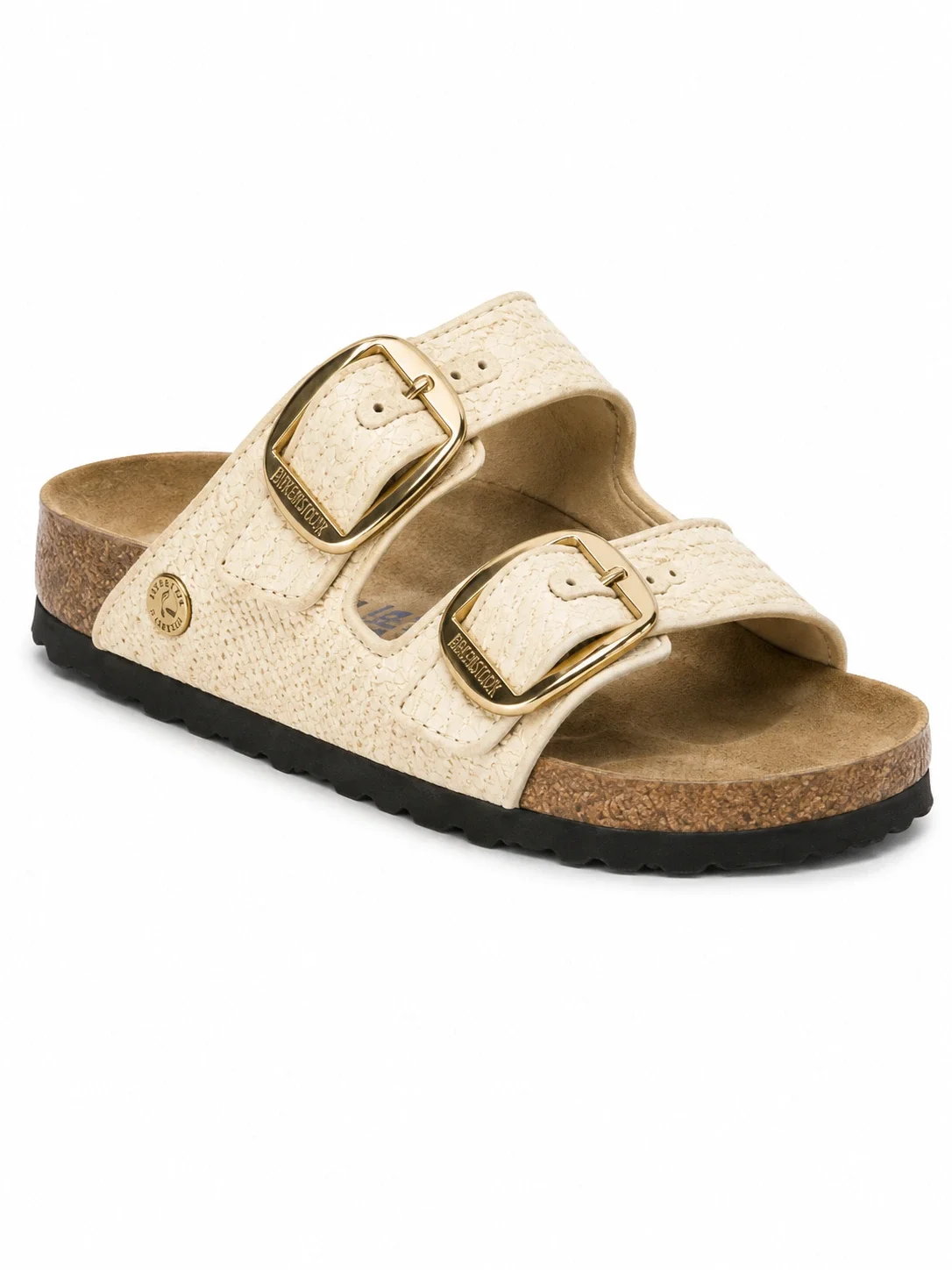 Birkenstock Arizona Big Buckle sandals featuring a natural raffia textile upper and oversized gold-tone buckles