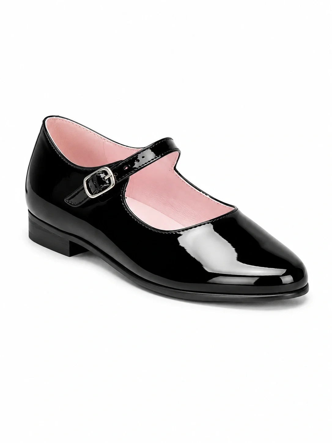 Black patent leather Mary Jane shoe with a strap, buckle, and pink interior.