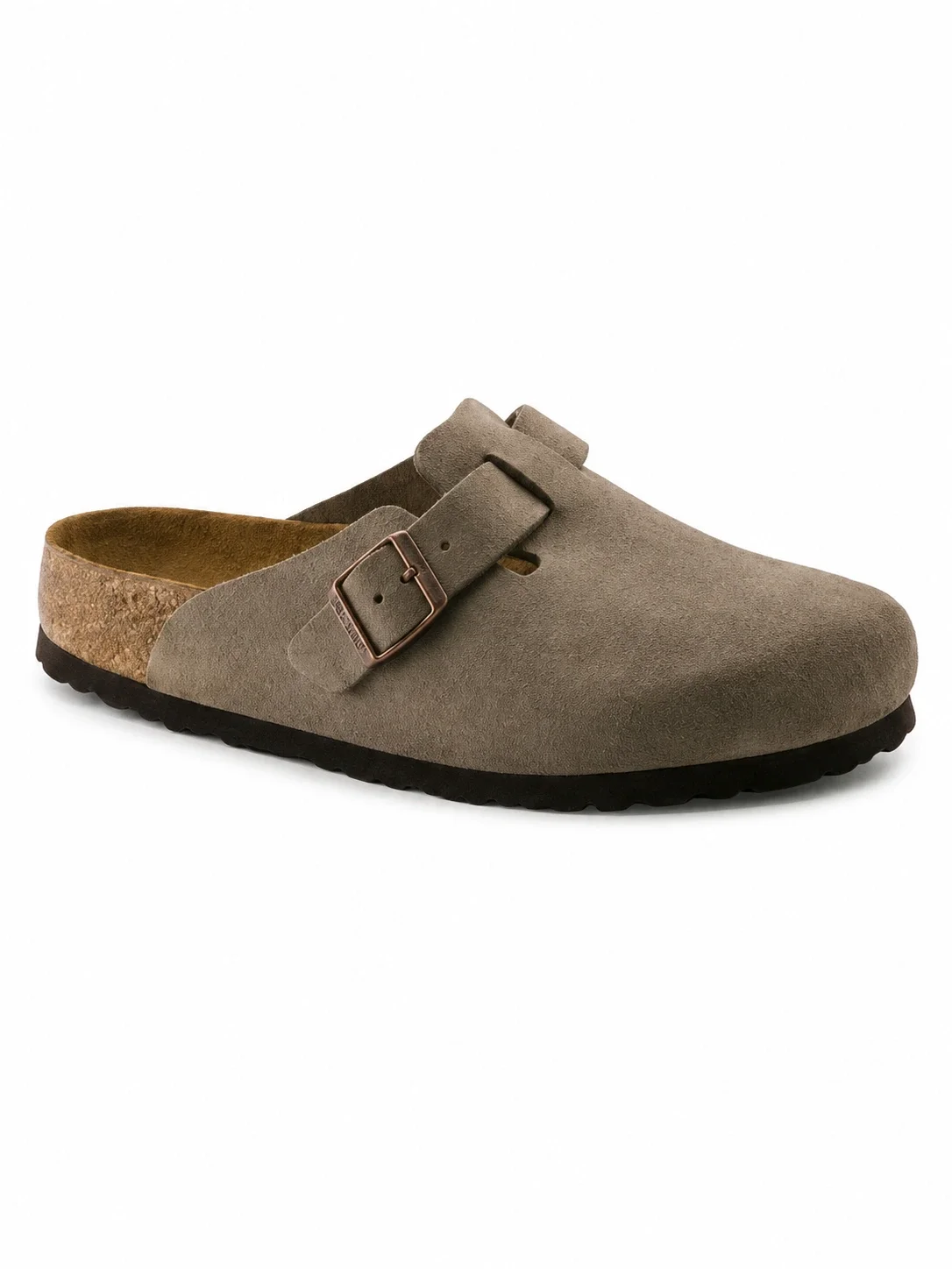 These Birkenstock Boston Soft Footbed clogs in taupe suede feature a signature adjustable strap and cork midsole