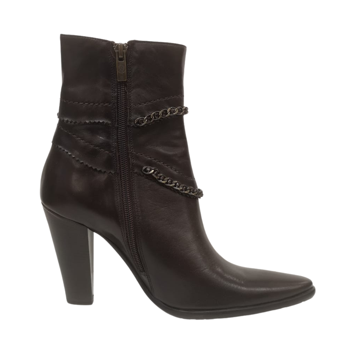 Angela Falloni brown leather ankle boots with heel and chain color brown dressy 1.png