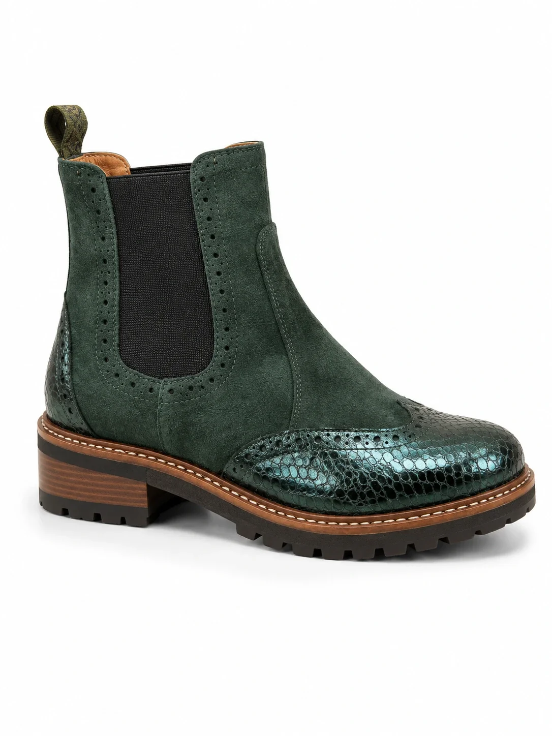Eric Michael Charo wingtip Chelsea boots feature a striking contrast between dark green suede and textured, metallic snake-print leather