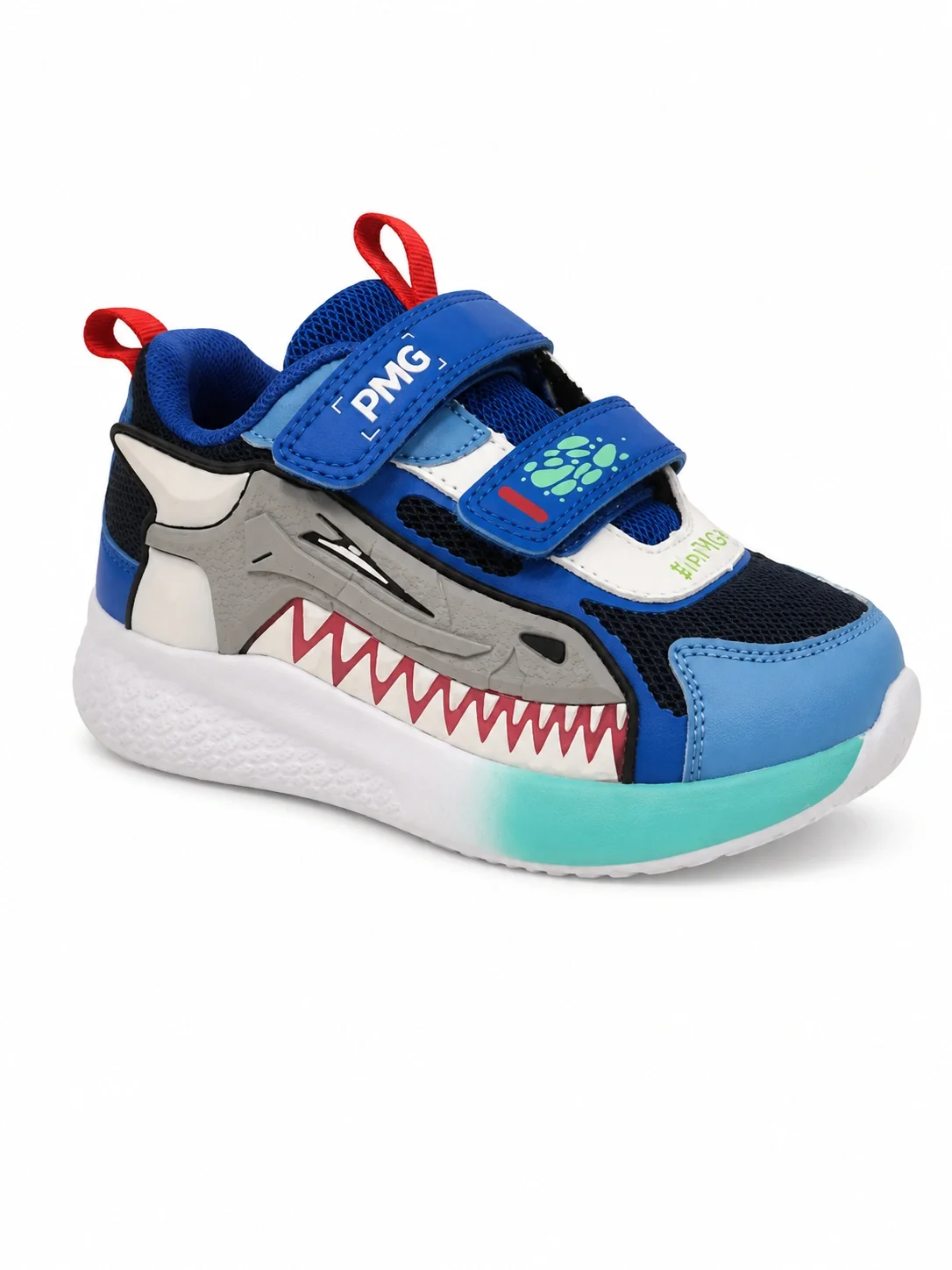 Blue Primigi children's sneakers feature a distinctive shark design on the side and functional LED lights