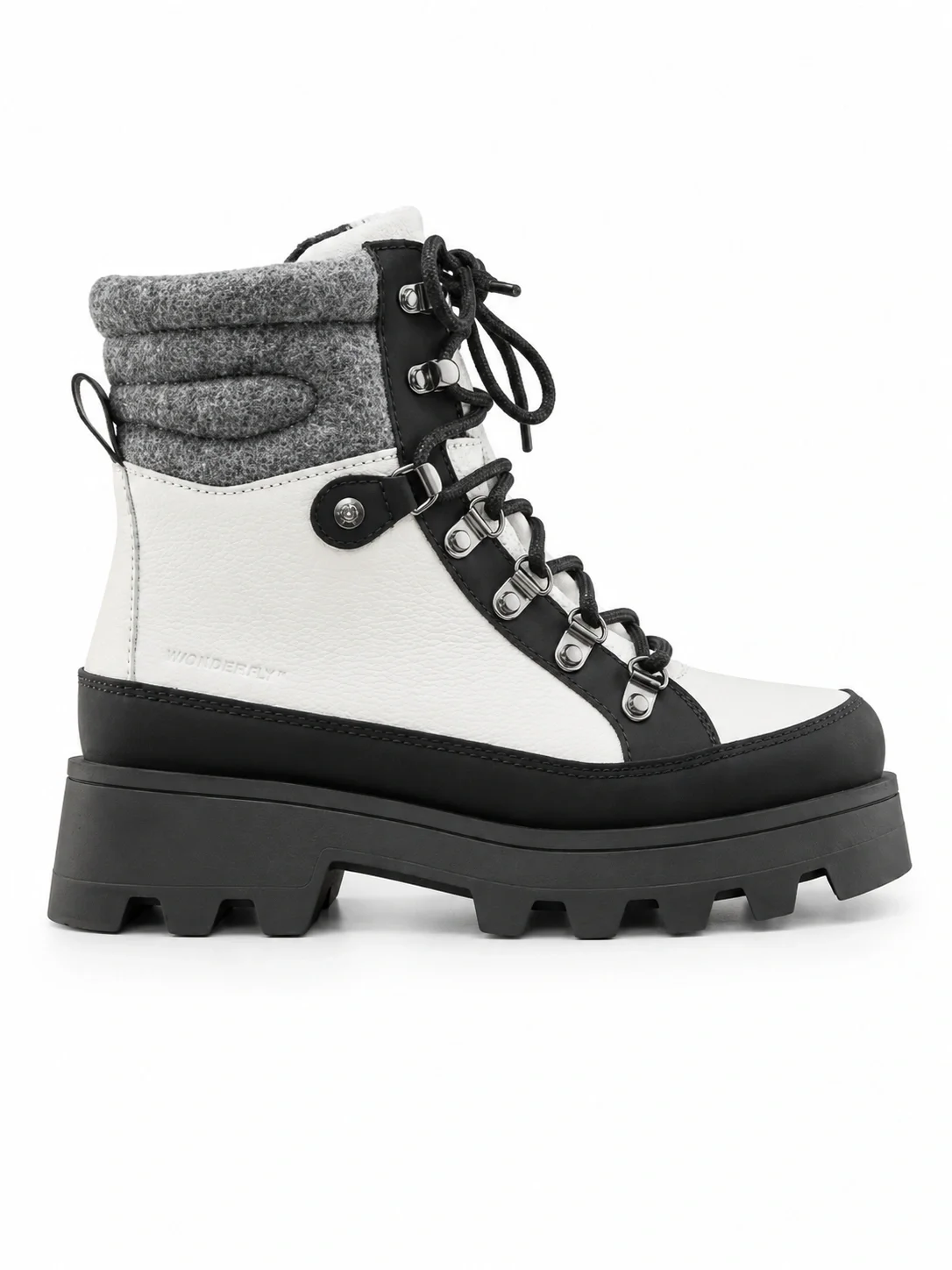 Cougar Women's Suma Winter Boot is a waterproof hiker style with a distinct black and white colorway and a padded gray felt collar