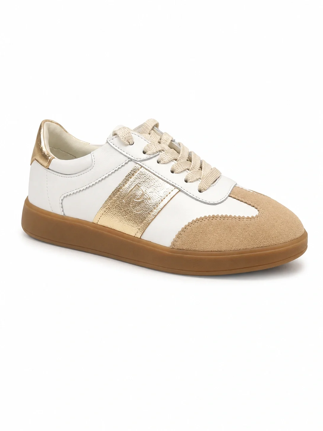 These are Regarde Le Ciel Grisel  sneakers featuring white leather and a metallic gold side panel