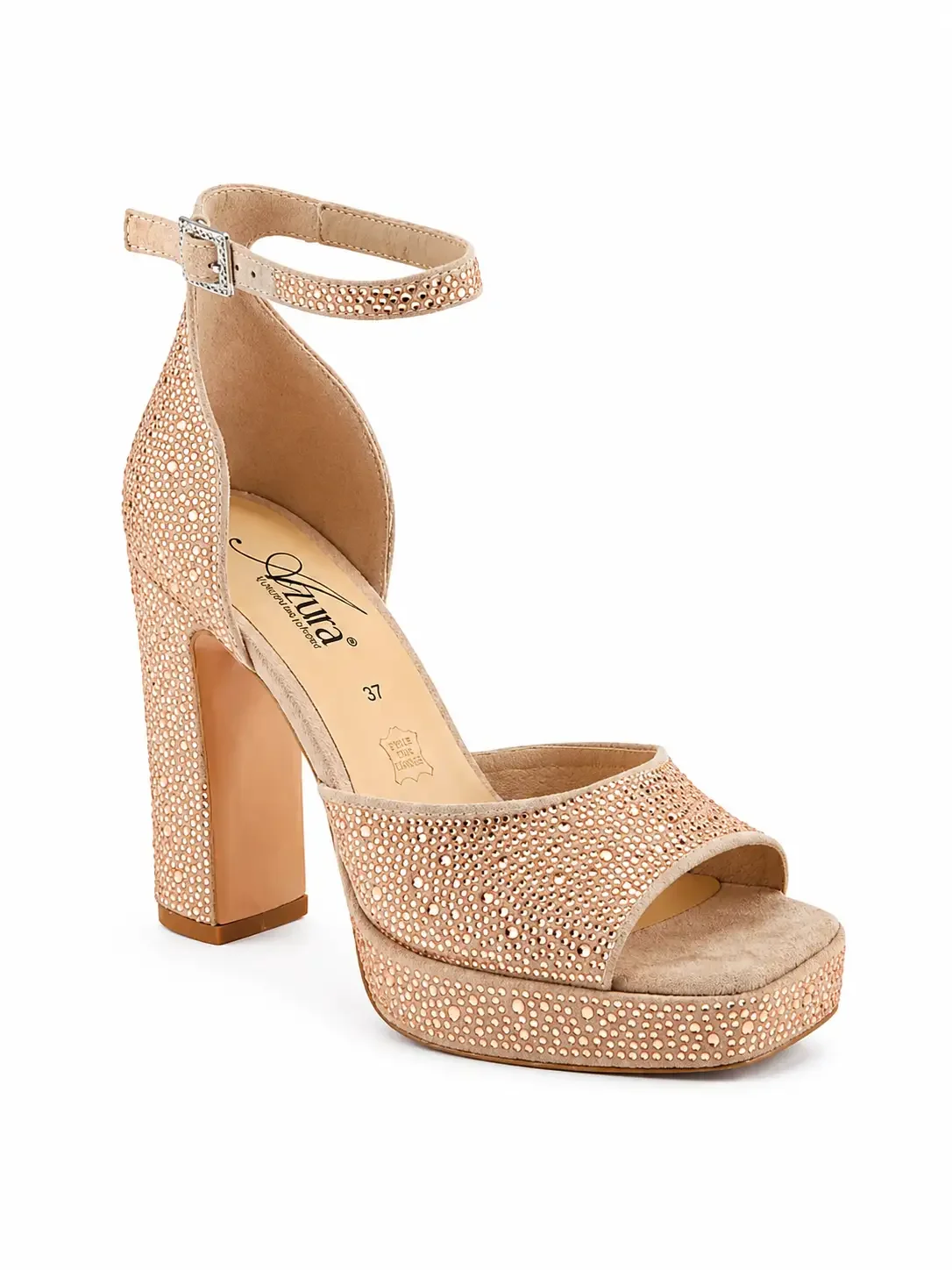 Azura Sparksfly platform shoes, featuring a high block heel covered in rhinestones in rose gold