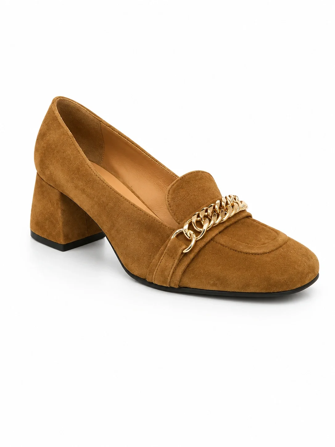 Camel heeled loafers feature a distinctive gold chain detail