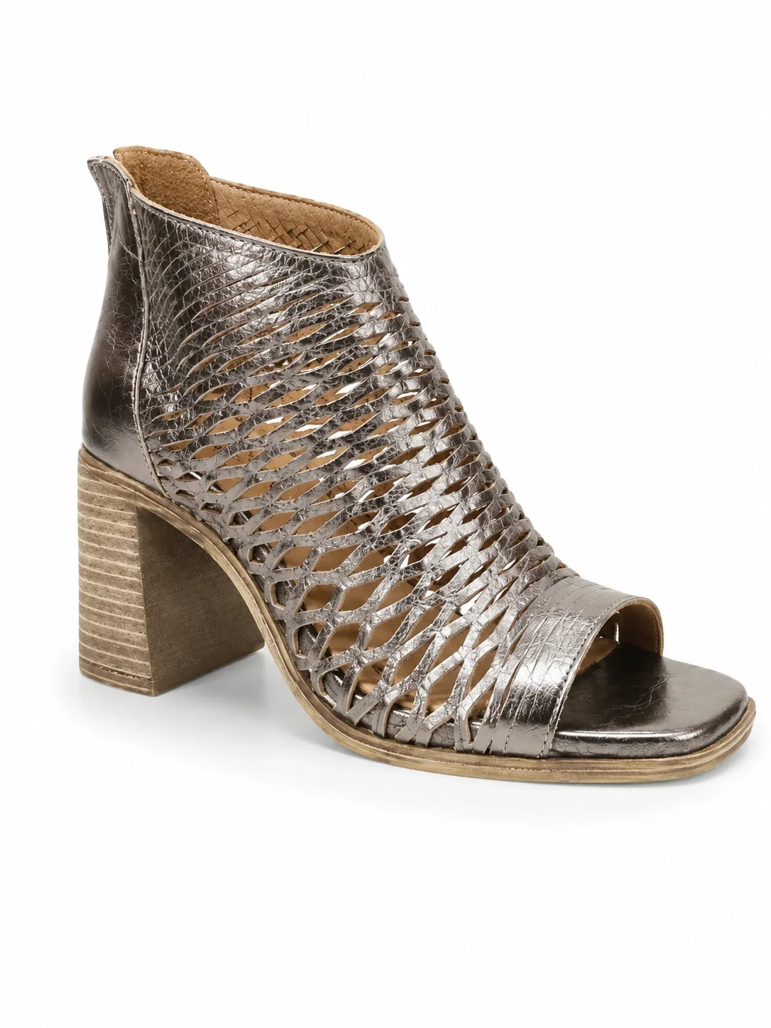 Bueno heeled sandals in a pewter metallic finish, featuring a unique woven leather design