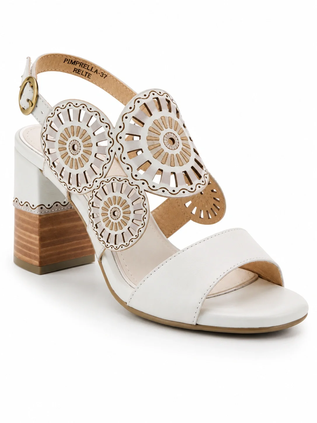  L'Artiste by Spring Step Pinwheel sandals, featuring distinct laser-cut floral medallions and a sculpted chunky block heel
