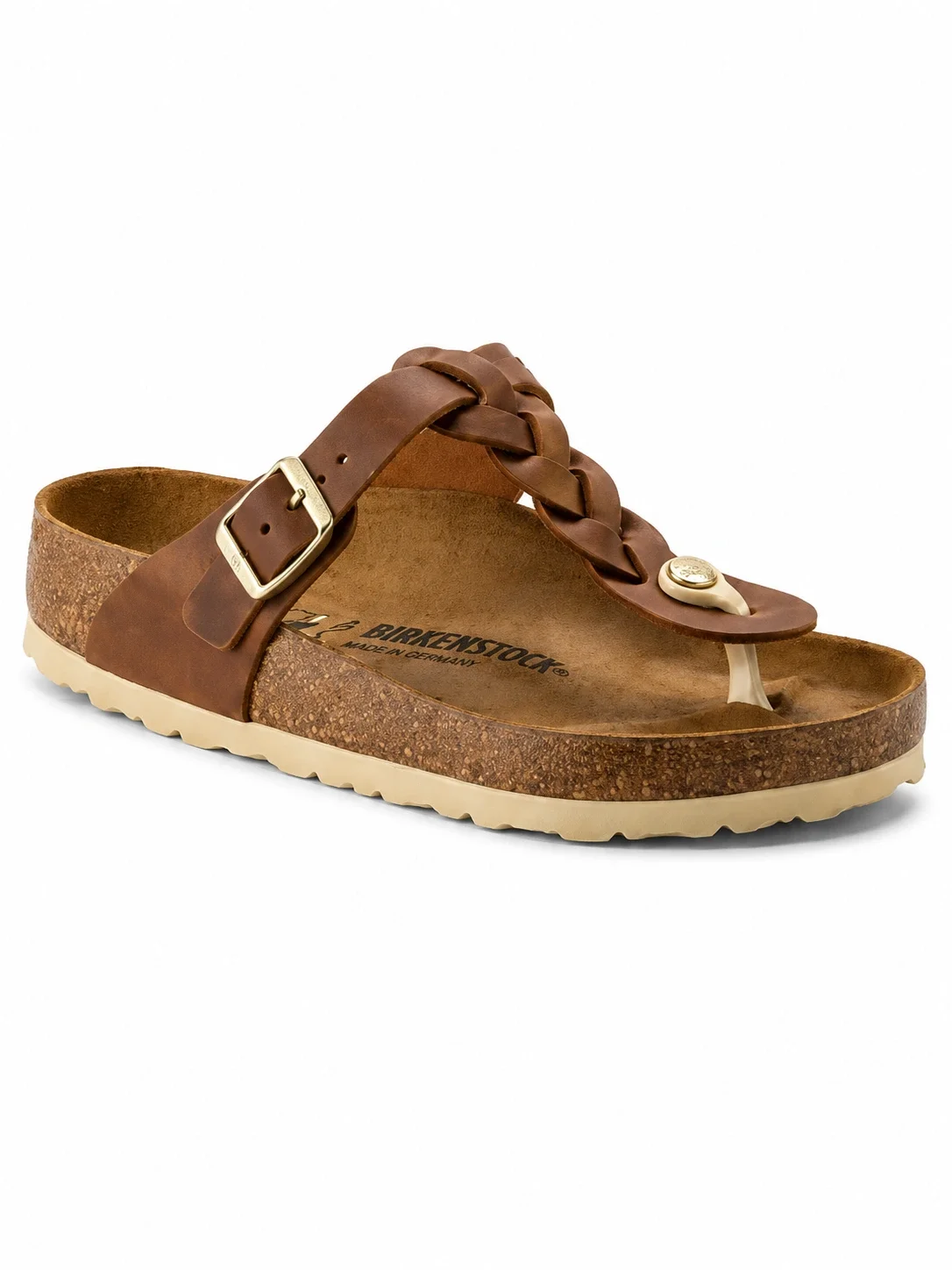 Birkenstock Gizeh Braided sandals in cognac oiled leather, featuring a distinct braided strap design