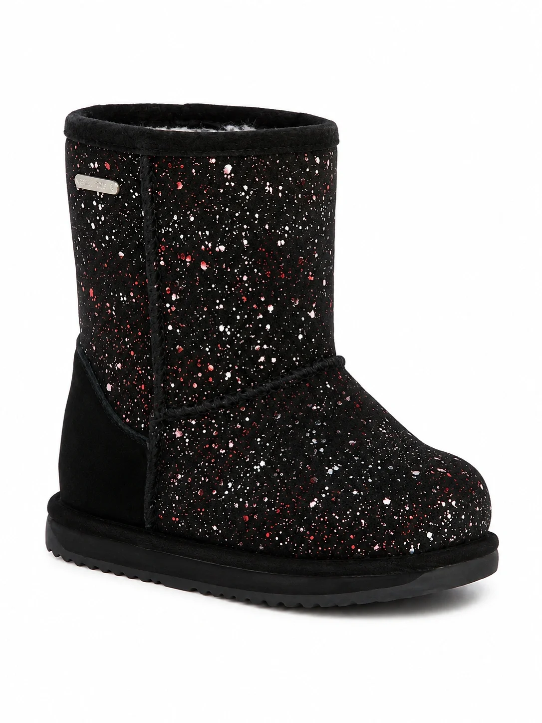 EMU Australia Sparkle Brumby kids' boots featuring a black upper with a colorful glitter splatter finish