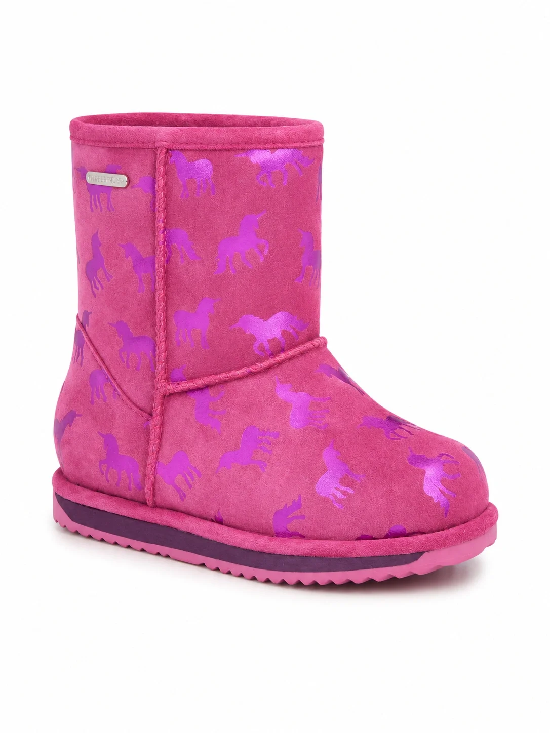 EMU Australia Rainbow Unicorn Brumby Kids Boots, a waterproof winter boot featuring a bright pink design with a metallic unicorn print.