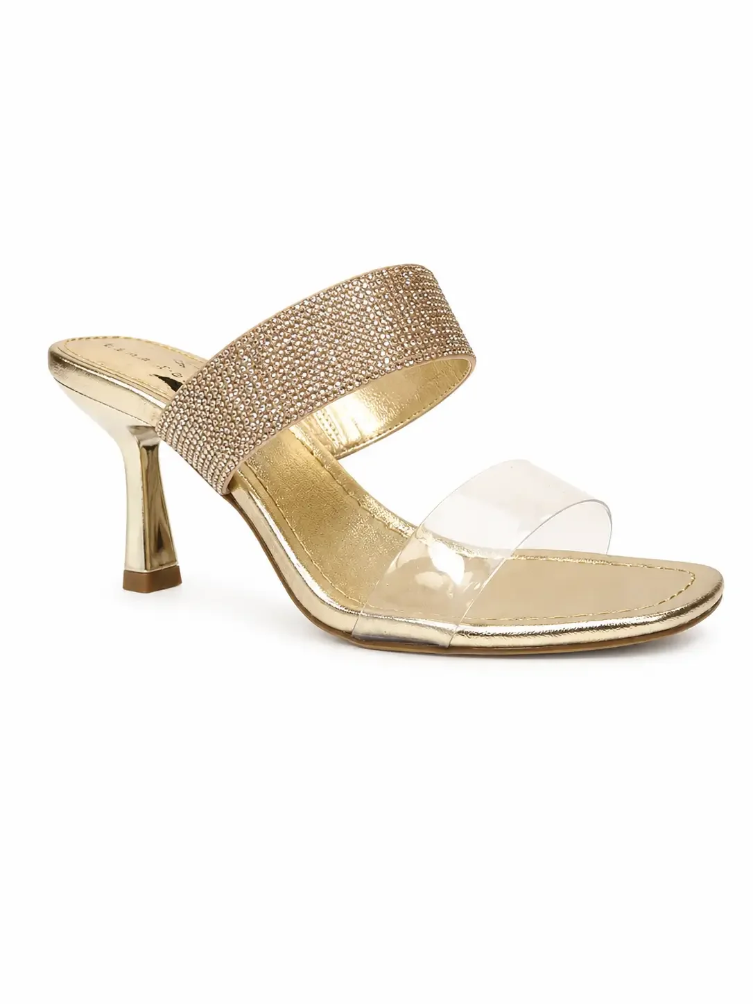 Allegra K Women's Gold Rhinestones Heel Dual Clear Strap Chunky Heels Slide Sandals 