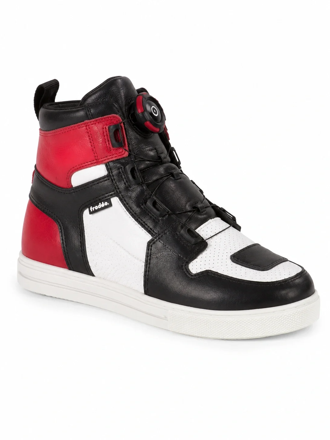 Froddo Bering Reflex A-Top motorcycle shoes featuring a distinctive red, black, and white leather design