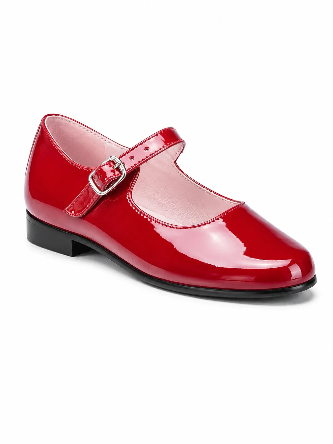 Red shiny Mary Jane style shoe with a buckle strap on a white background.