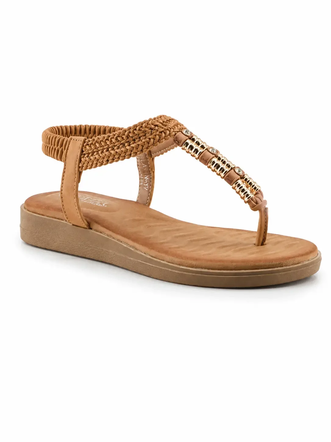 Patrizia Shyla sandals in tan, featuring a woven strap and a metallic beaded T-strap design