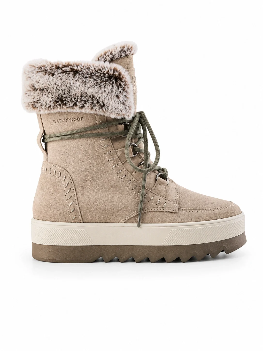 Cougar Women's Vanetta boots in a mushroom color, featuring a waterproof suede exterior and a plush faux fur collar