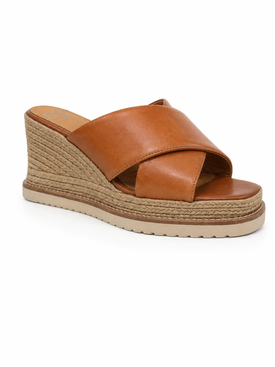 EOS Melbourne Zelie sandal features a brown leather crisscross strap design and a jute-wrapped wedge sole