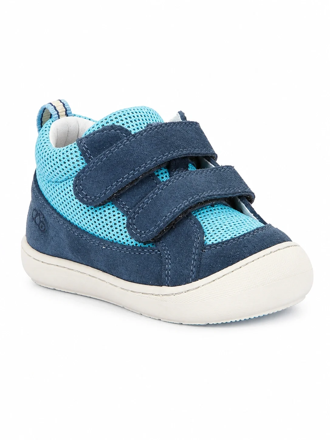 Froddo Ollie Fun denim sneakers featuring blue suede and mesh detailing with a double velcro fastening