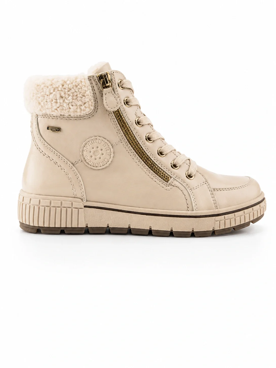 Relife Alps lace-up sneaker boot in beige patent features a synthetic upper with side zip closures and a soft shearling collar