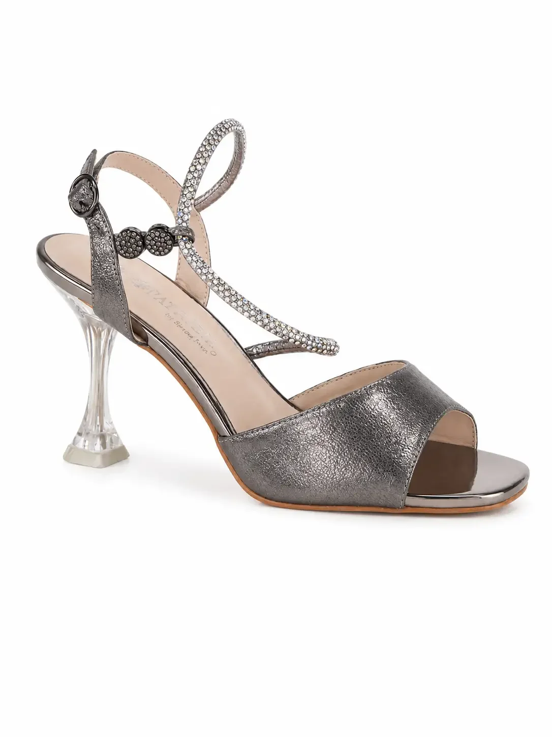 Patrizia Tioanna Dress Sandals, featuring a metallic pewter finish and a unique sculpted clear heel