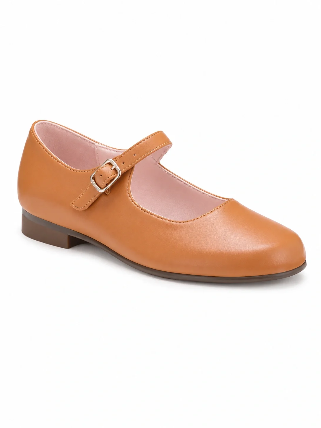 Tan Mary Jane style shoe with a strap and buckle, low heel, on a white background.