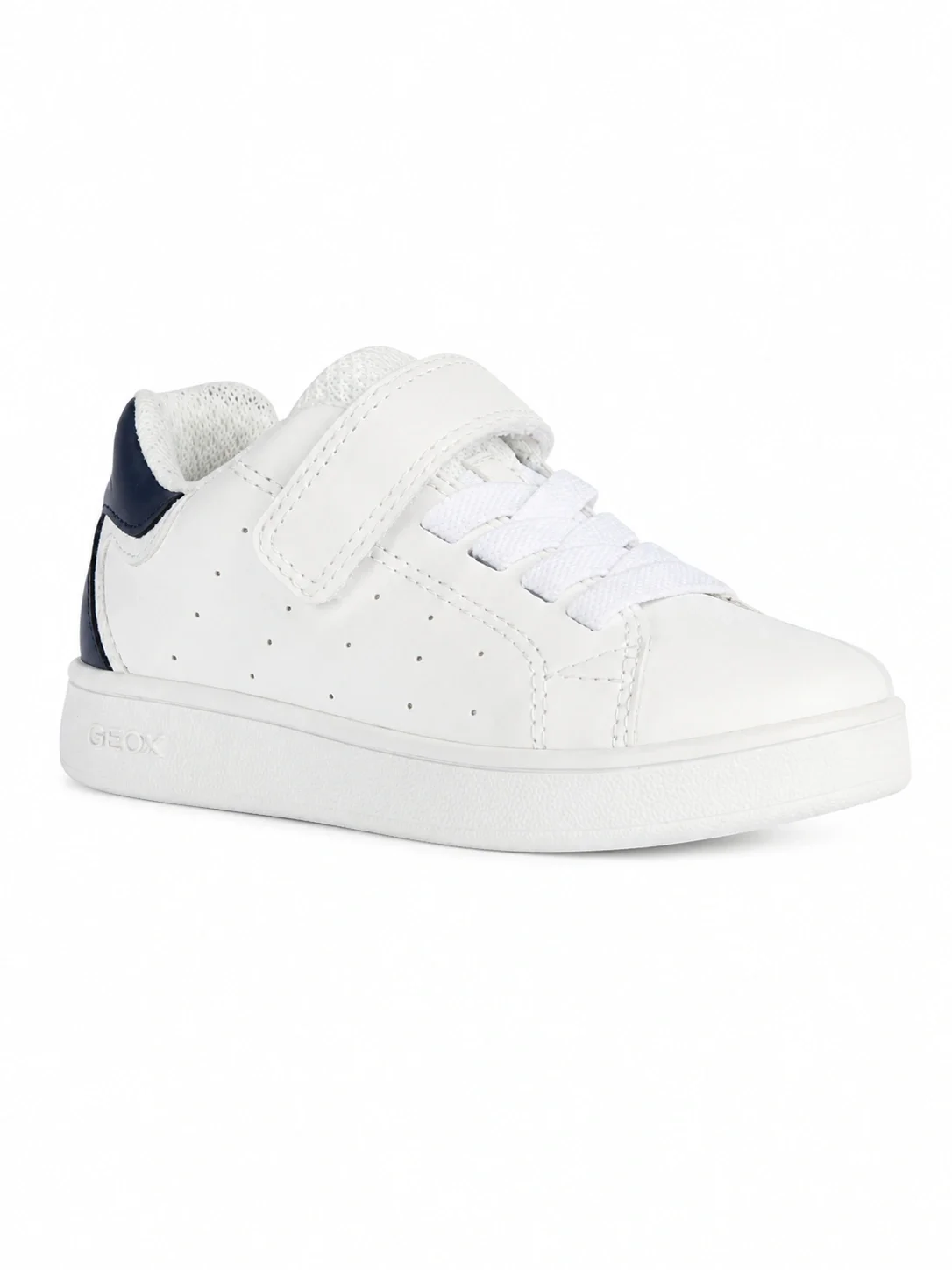Geox J Eclyper sneakers for children feature a white upper with navy blue details at the heel