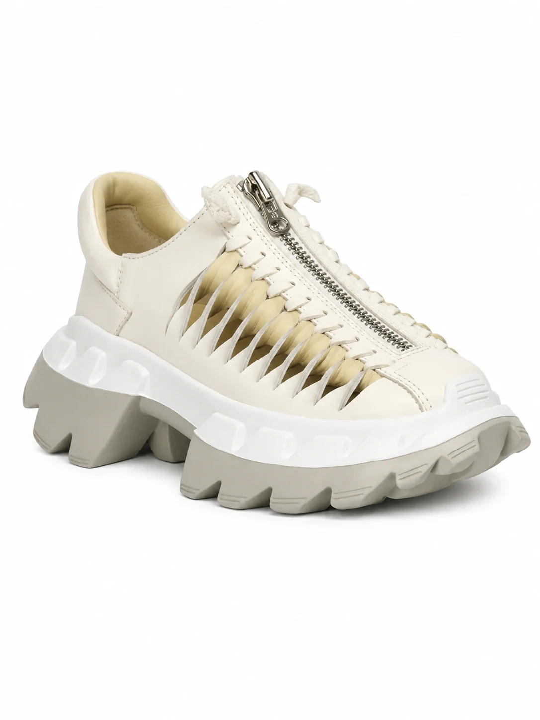 Arko Spine sneakers are crafted from white cow leather and feature a distinctive central zipper closure