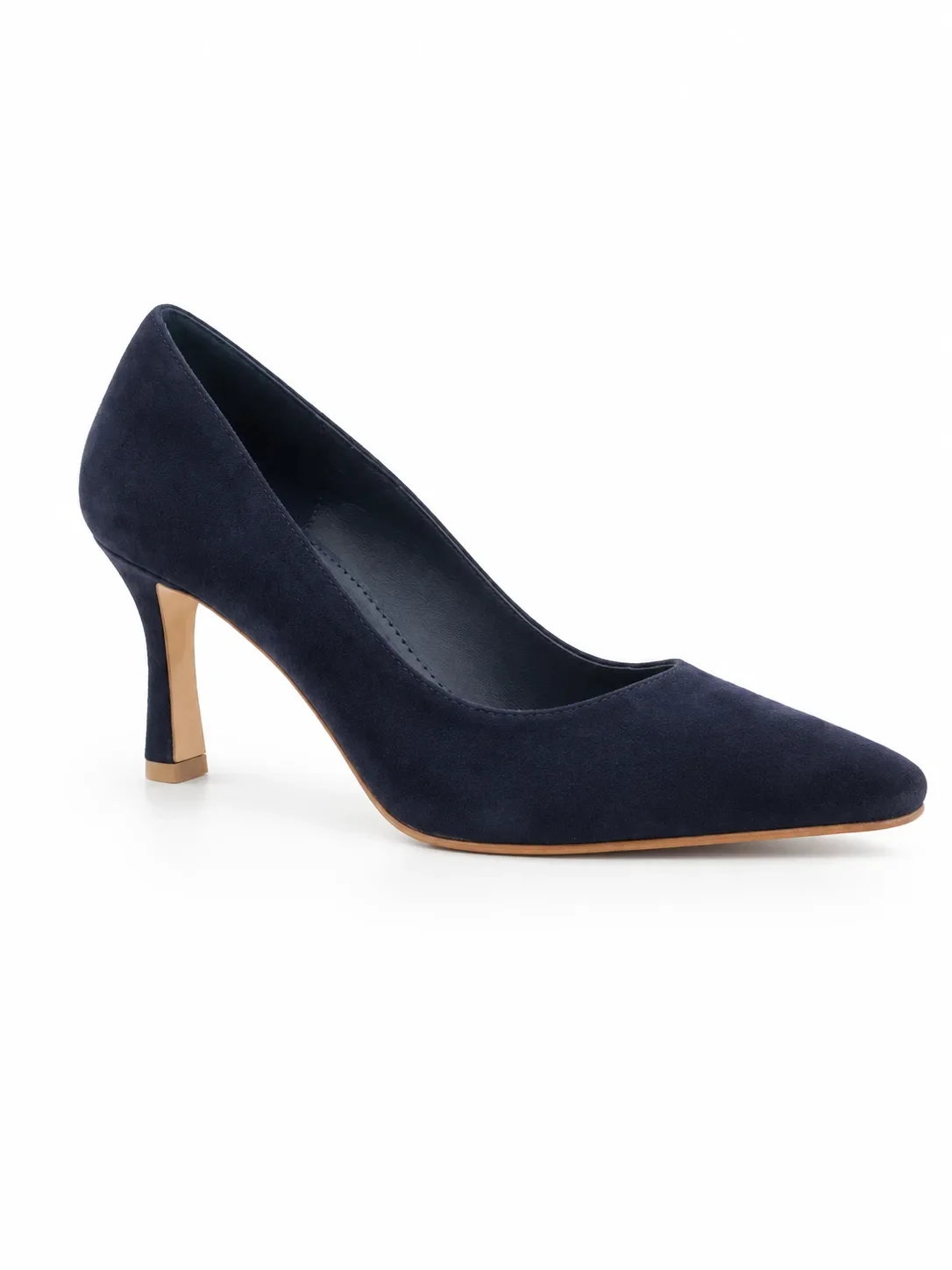 Navy suede pump shoes feature a pointed toe and a mid-height stacked heel