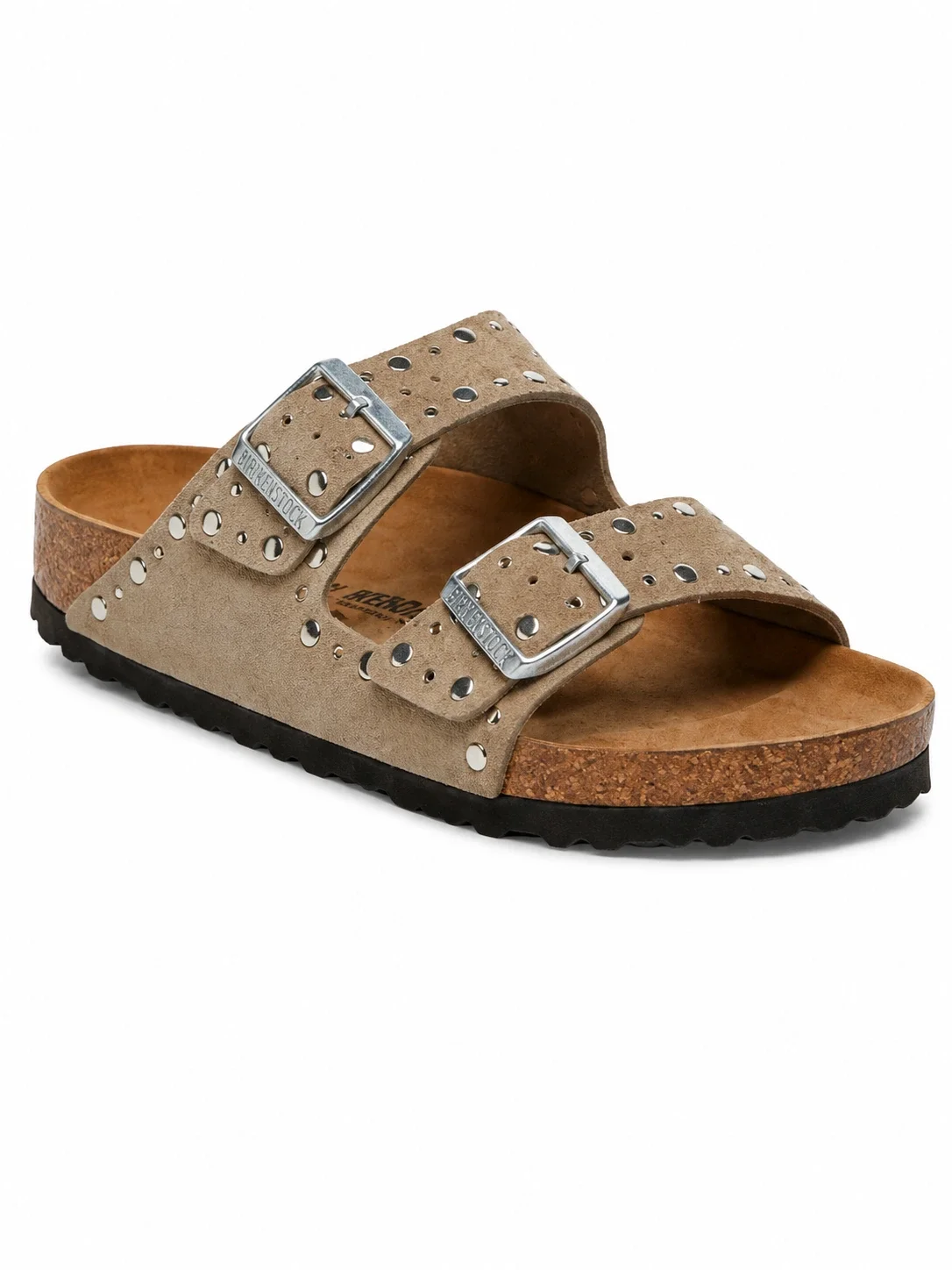 Birkenstock Arizona Rivet sandals are crafted from taupe suede leather and feature decorative metallic stud detailing
