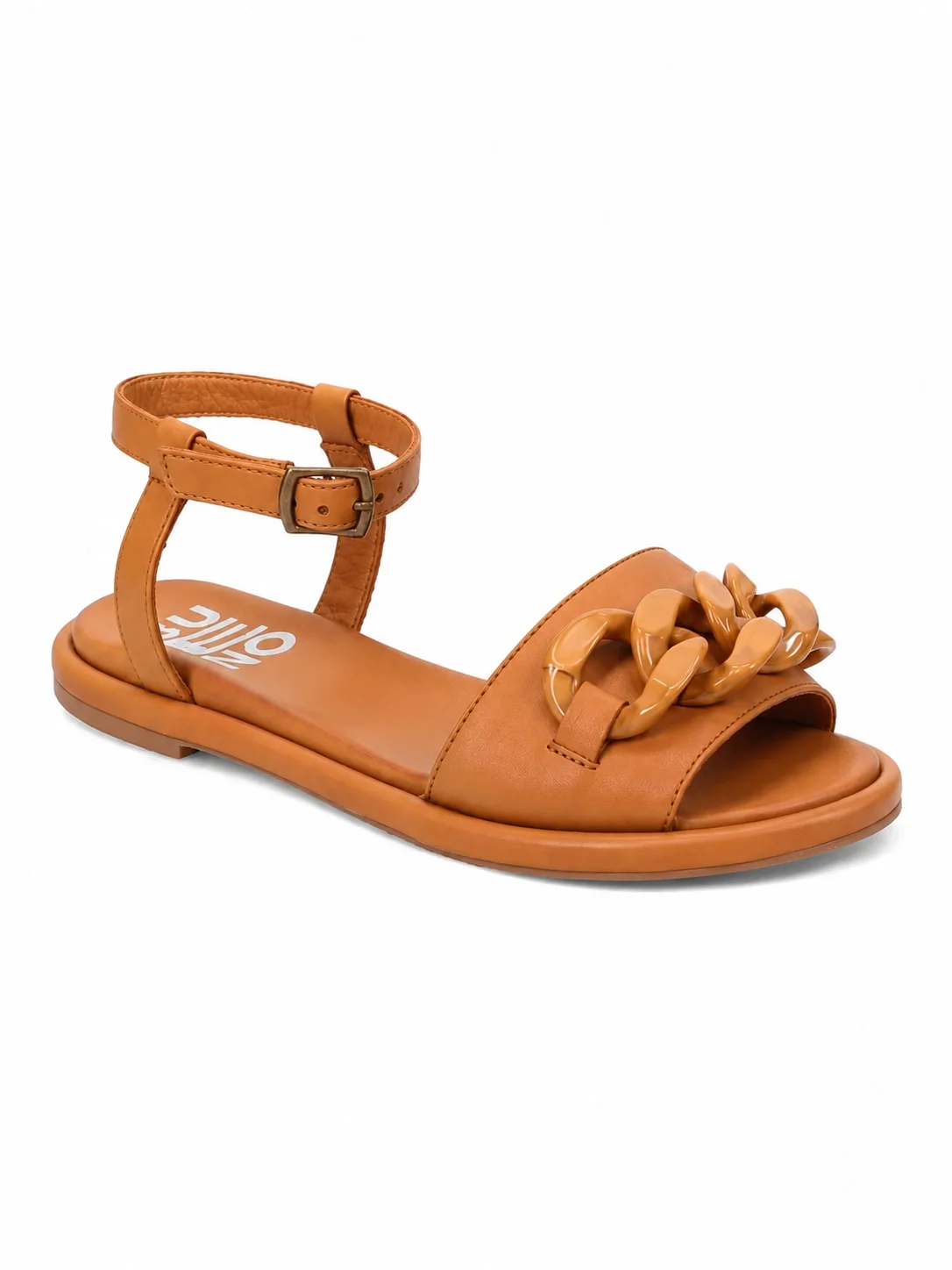 Bueno Coconut brown leather sandals, featuring a prominent matching chain link detail on the band.