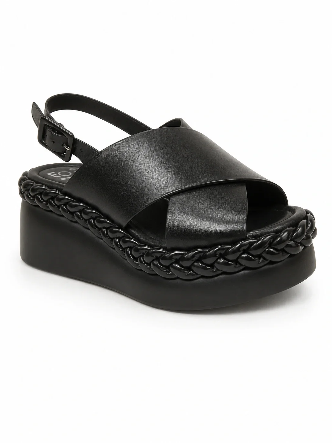 EOS Melia platform sandal features a distinctive braided sole plait wrap and black leather straps