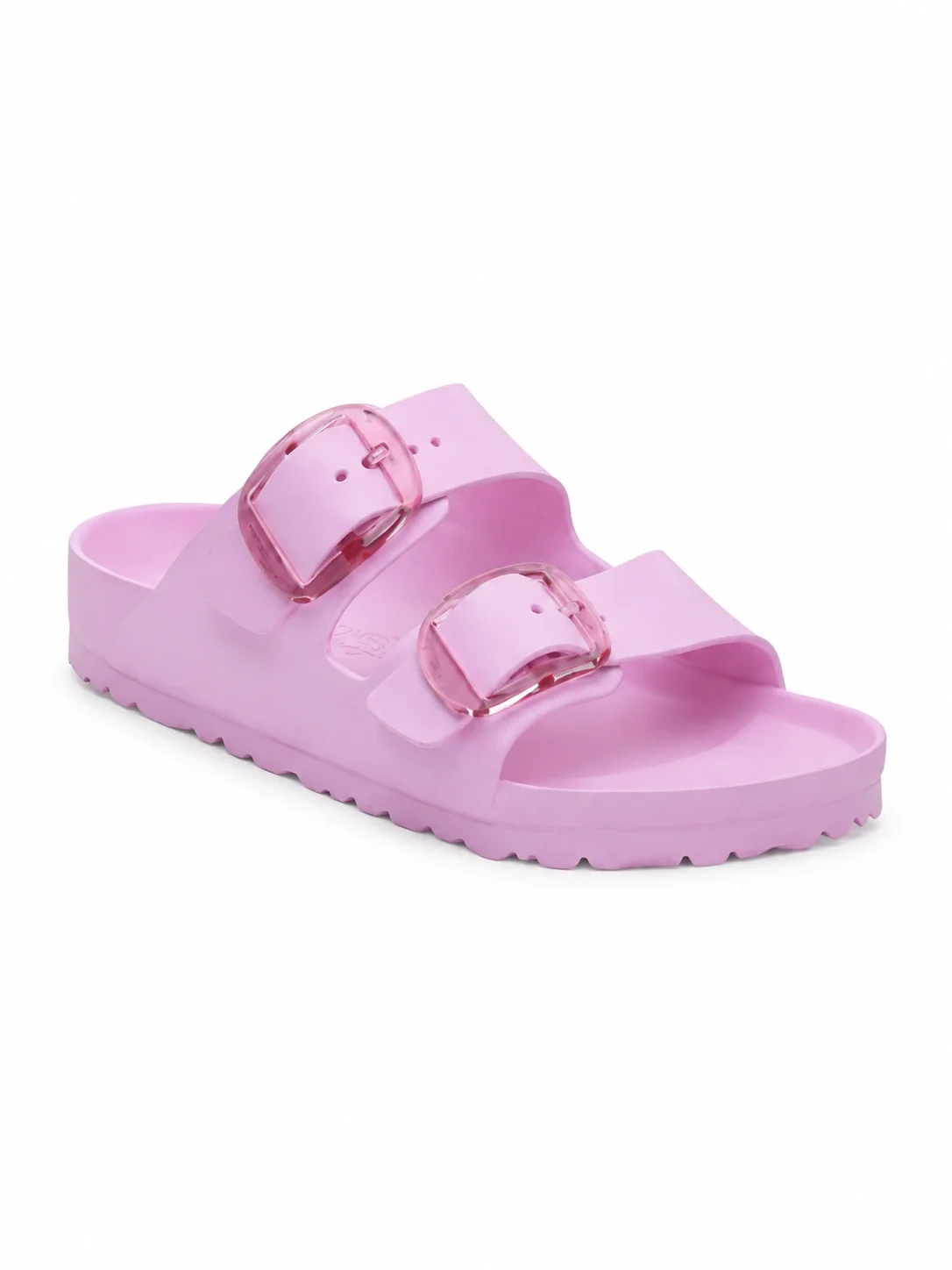 Birkenstock Arizona EVA Big Buckle sandals in a vibrant fondant pink color, featuring oversized, translucent buckles