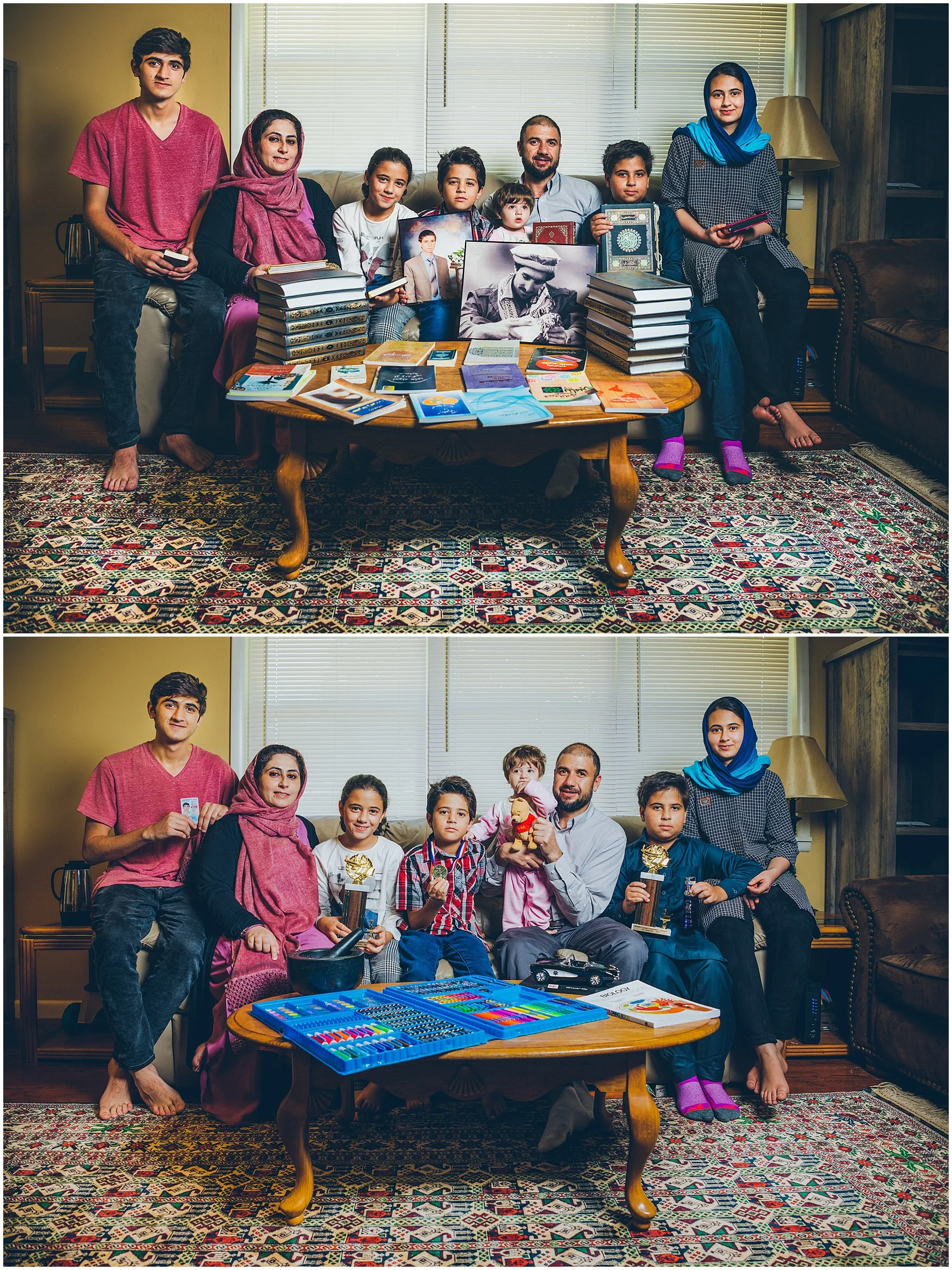 A group photo of a family with children, holding trophies and medals, sitting and standing in a living room with a table of arts and crafts in front.