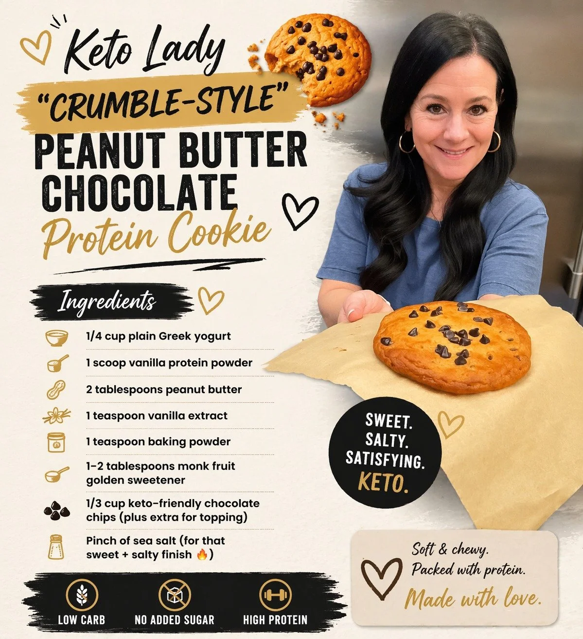 Keto Lady “Crumble-Style” Peanut Butter Chocolate Protein Cookie