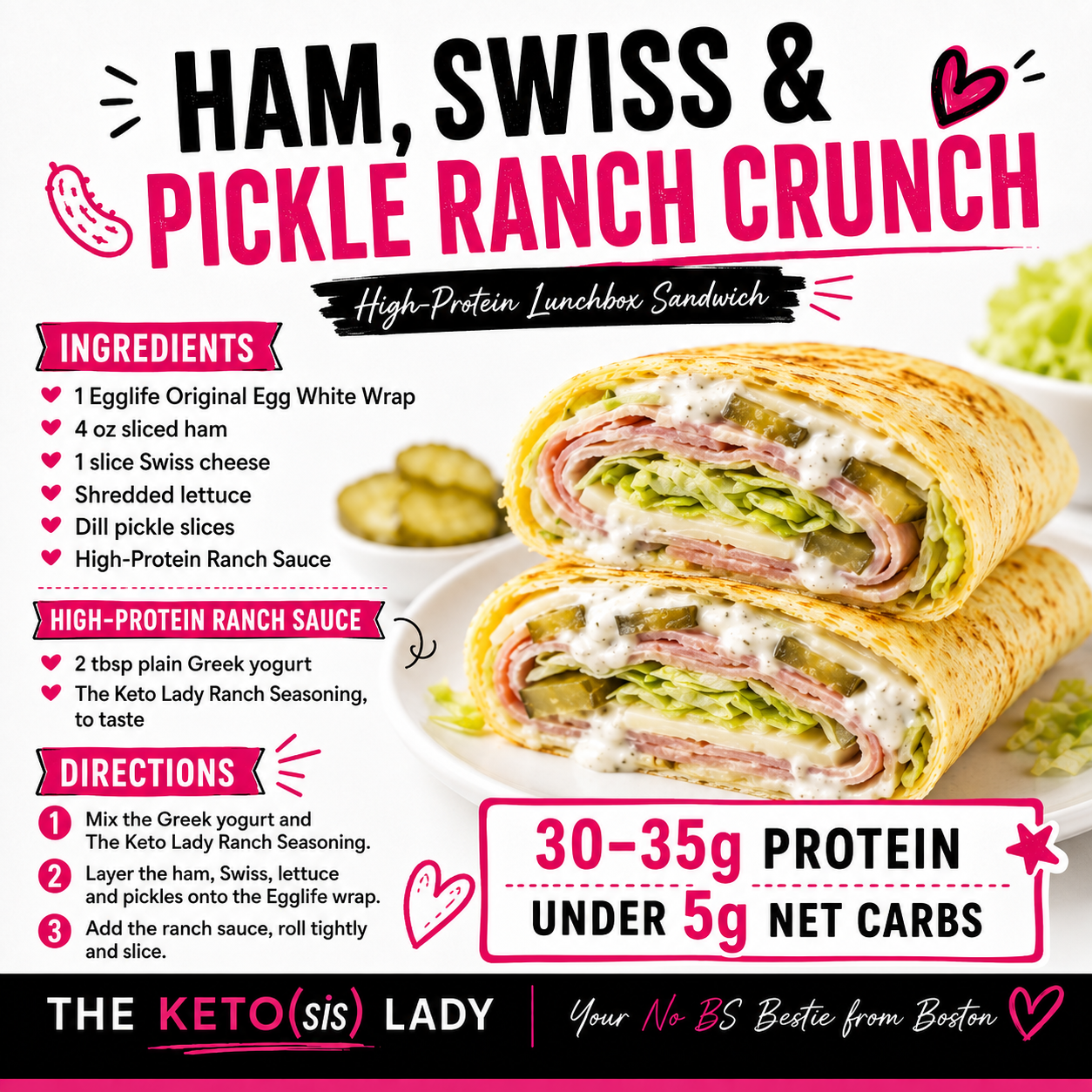 The Keto Lady Ham, Swiss &amp; Pickle Ranch Crunch Sandwich