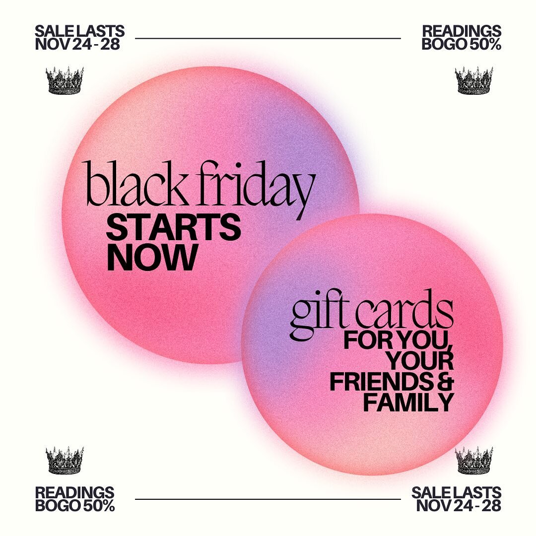 🎉BLACK FRIDAY SALE STARTS NOW🎉

🎁 ALL readings Buy One Get One 50% Off
🛍️ Gift Cards for you, your friend, &amp; family
🎁 Get a FREE 1-Card Tarot Reading when you book during the sale

May your day be merry and bright, and may all your plates be