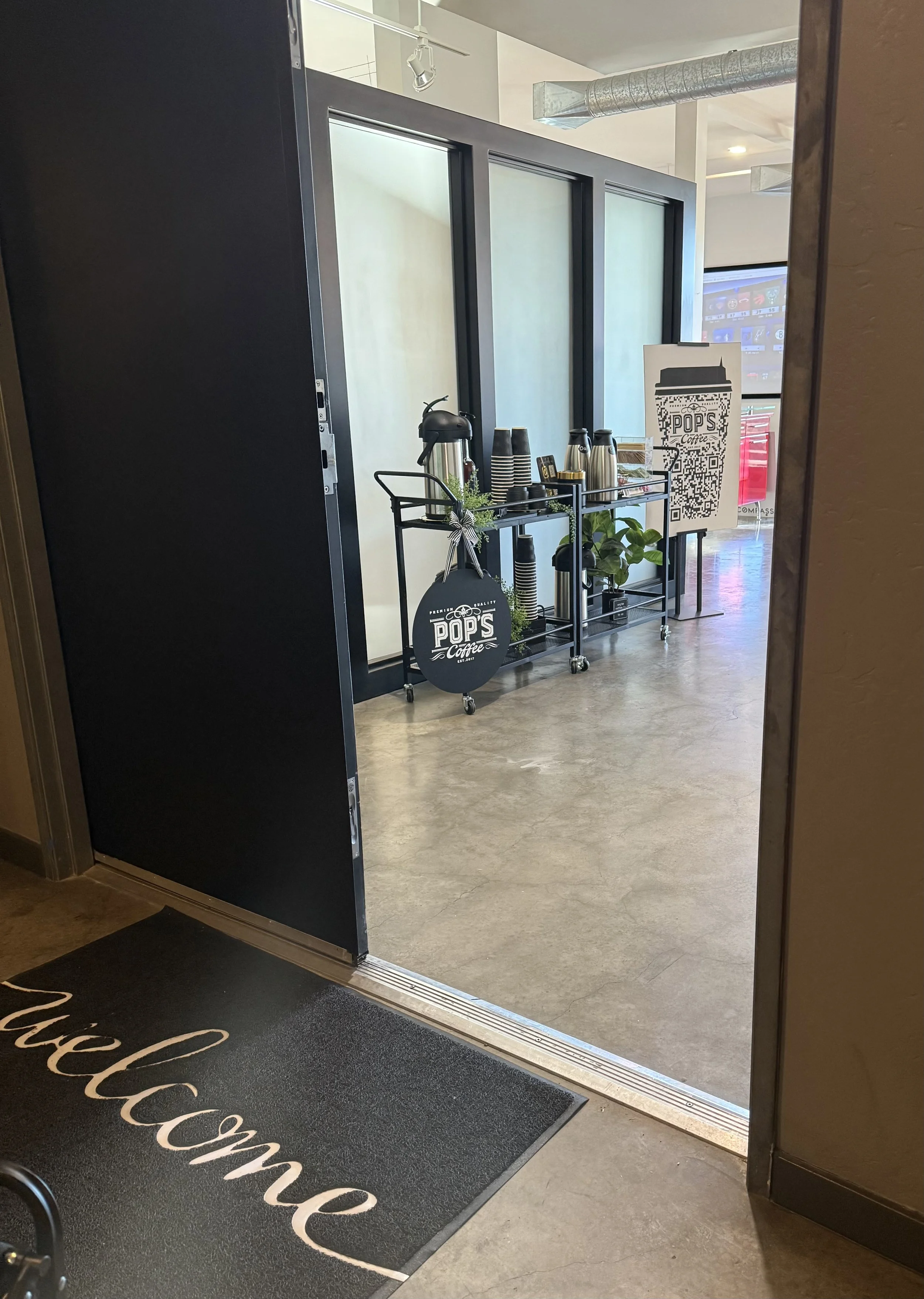 Pop's Premium Coffee mobile coffee station set-up inside a modern Arizona corporate venue