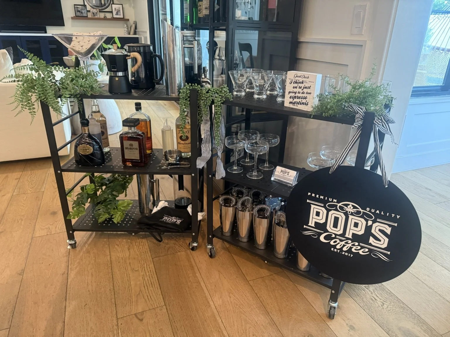 Elegant Pop's Premium Coffee espresso martini setup featuring premium bar tools, glassware, and styling for luxury private and corporate events.