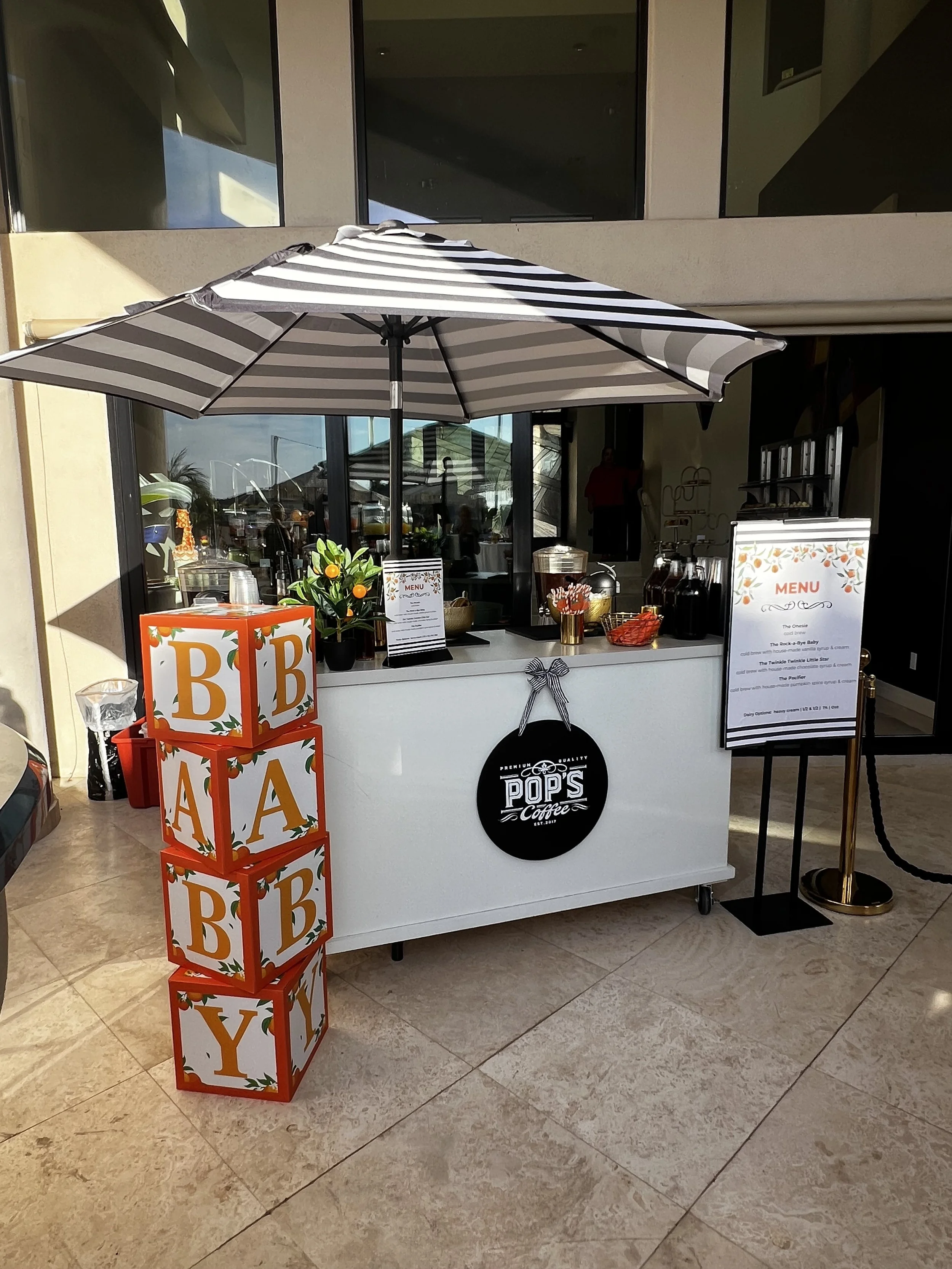 Luxury mobile coffee cart by Pop's Premium Coffee ready to serve guests at a private event.