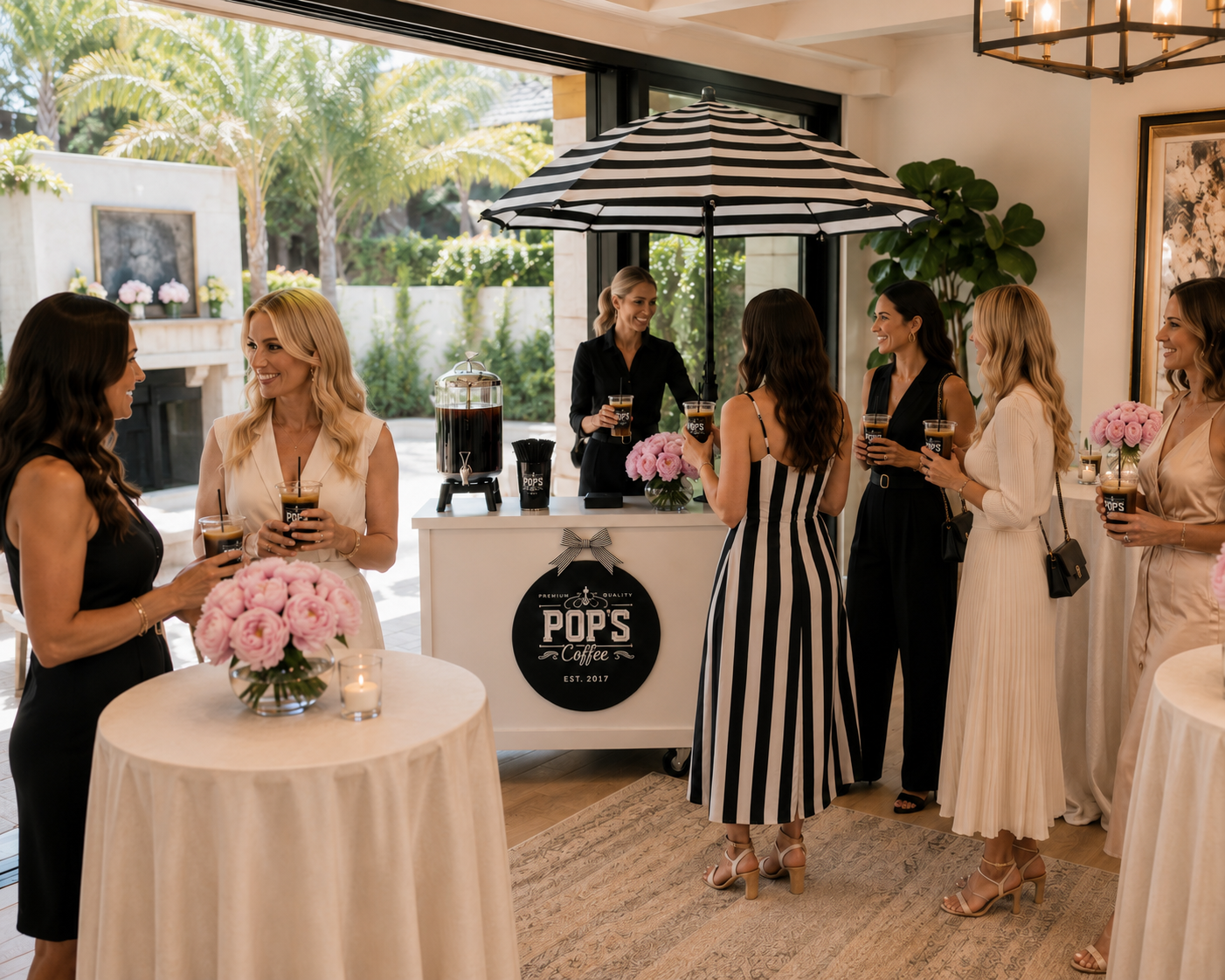 Luxury private celebration featuring the Pop's Premium Coffee cart and beautifully styled coffee service.