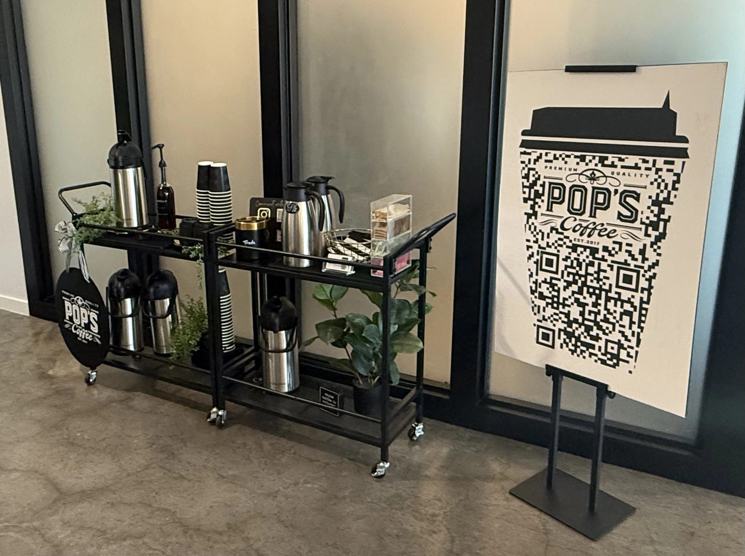Elegant Pop's Premium Coffee self-serve coffee station, and event signage for corporate and private events.