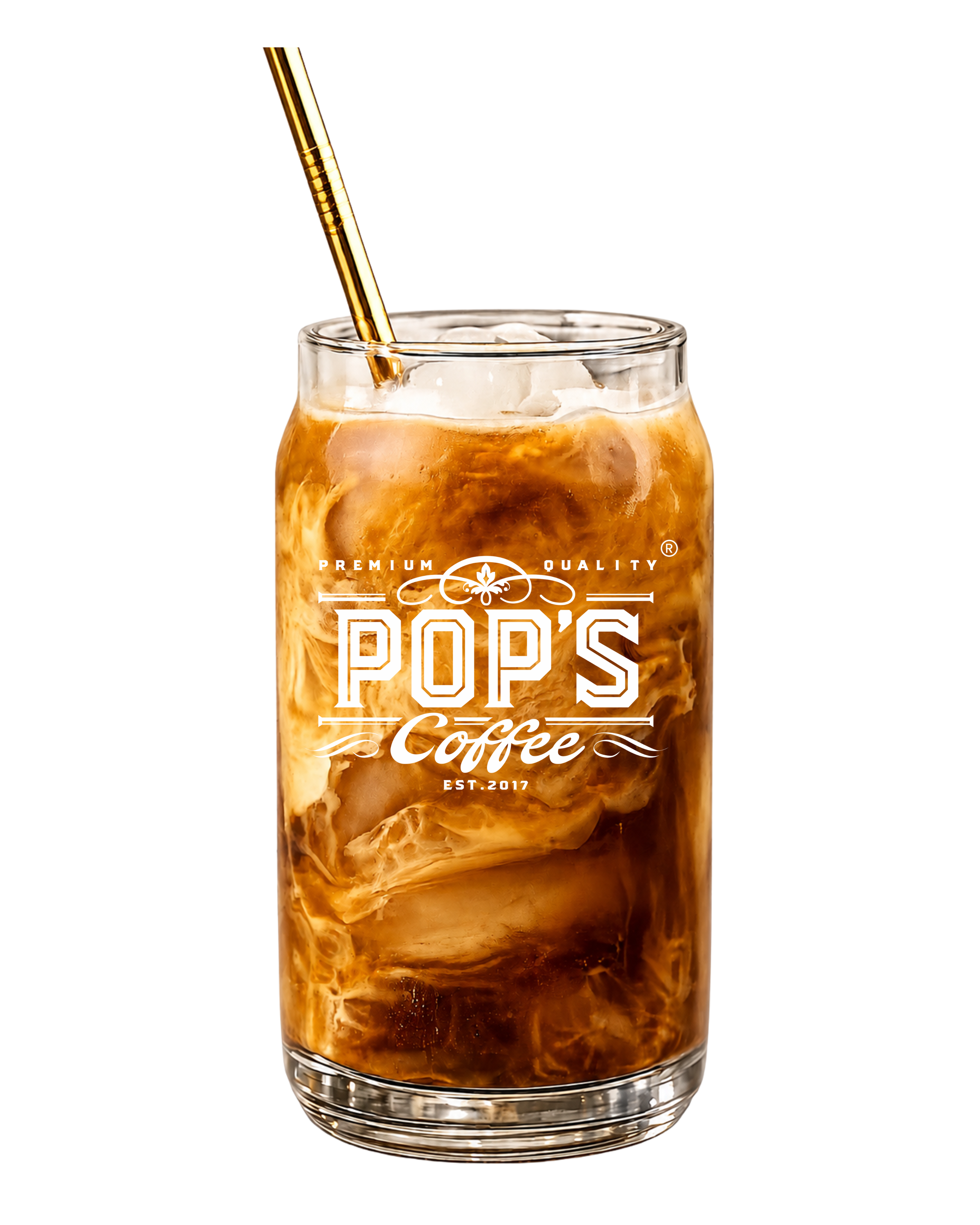 A glass of iced coffee with a gold straw, iced cubes, and a printed label that reads "POP'S Coffee," established in 2017.