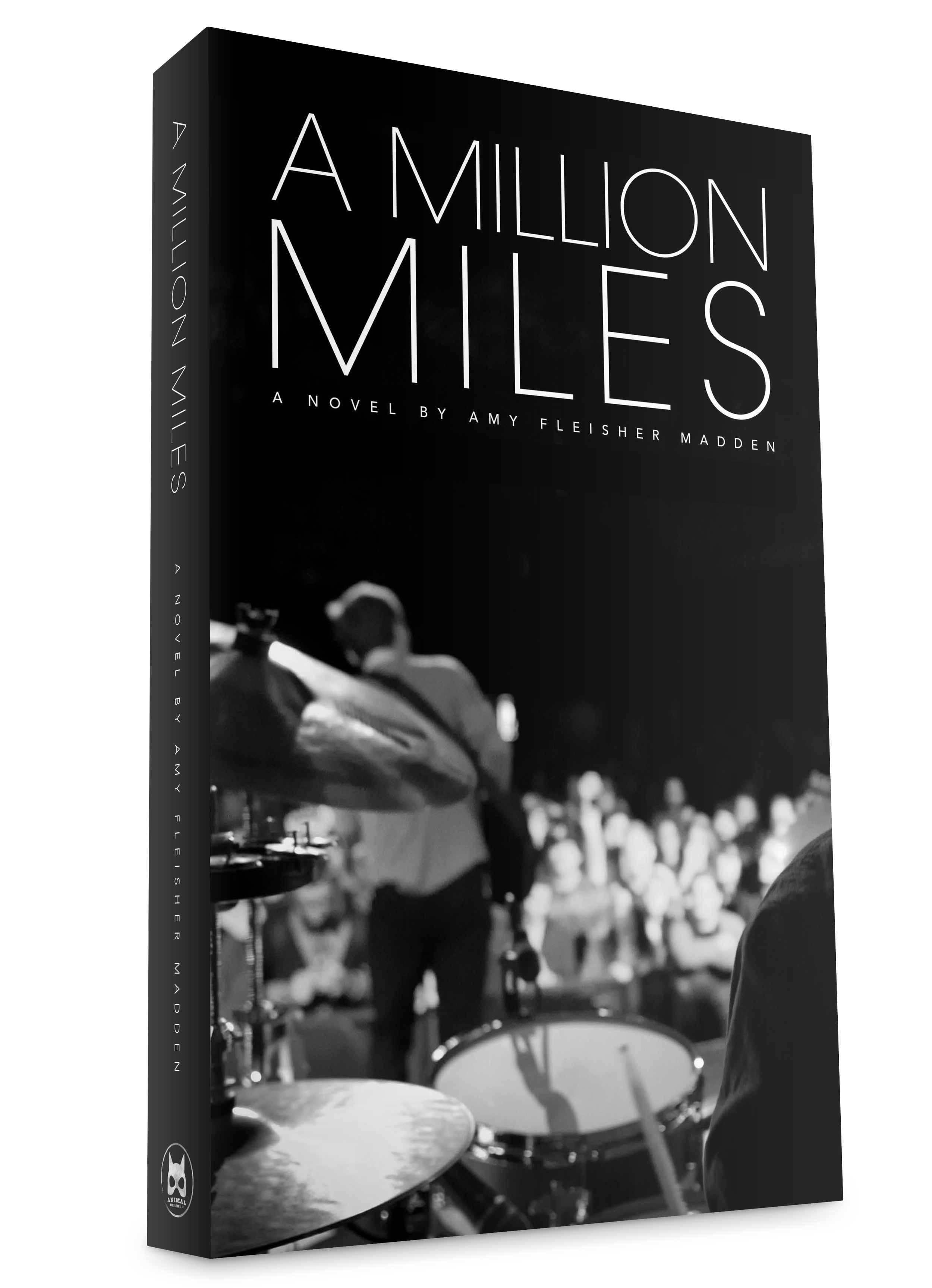 Cover of the YA novel "A Million Miles" by Amy Fleisher Madden. The top shows thin, elegant type, and the lower part of the cover shows a blurred black-and-white photo of a live music performance by a band, with the audience blurred.