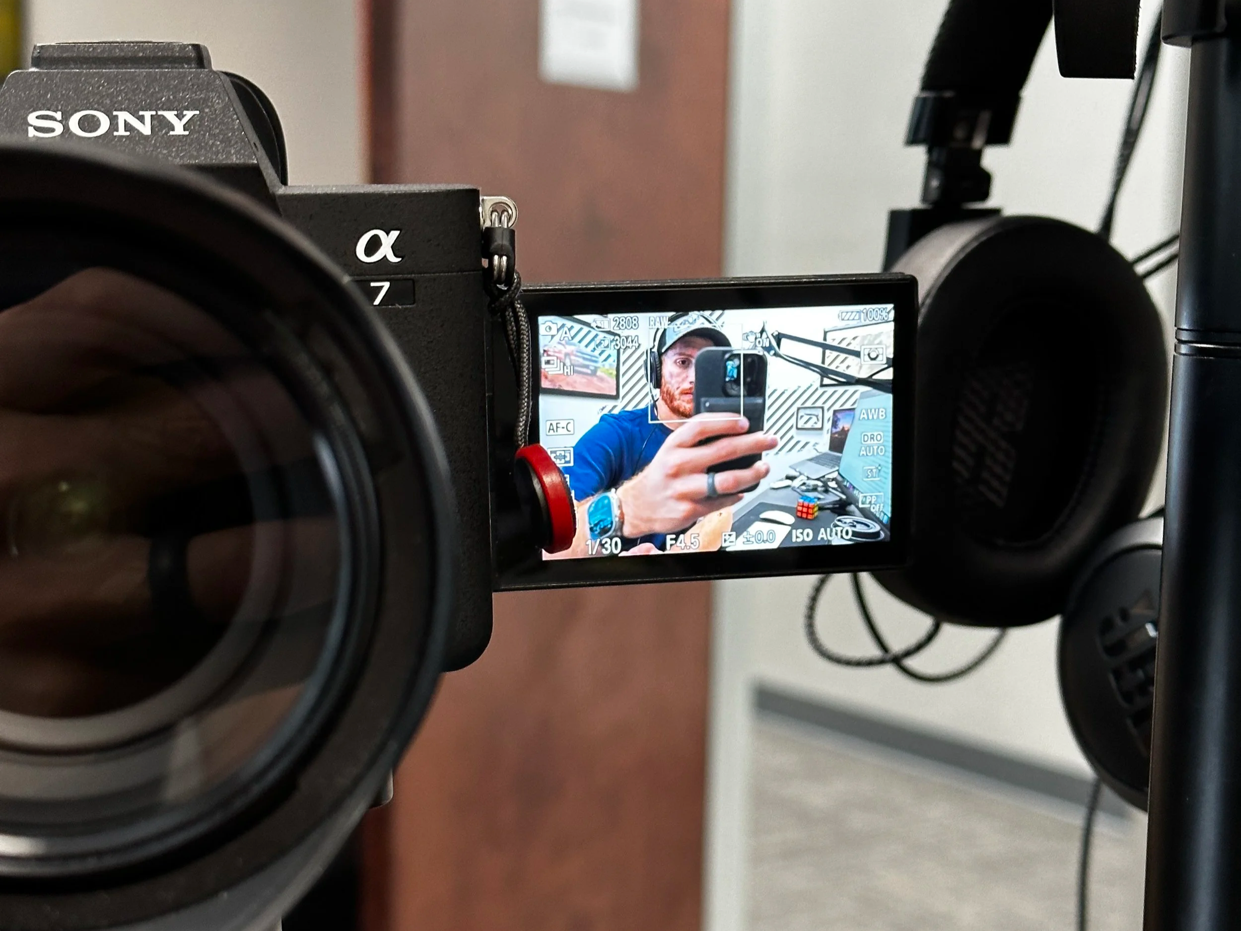 shot of a camera setup in a podcast environment